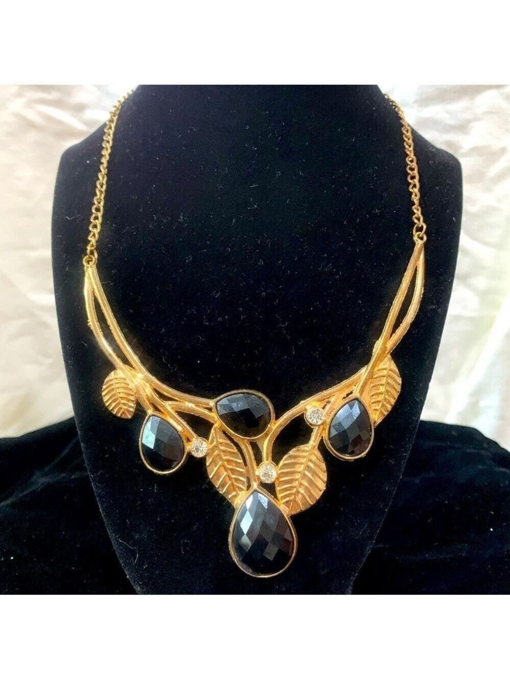 Vintage black and gold leaf necklace with crystals